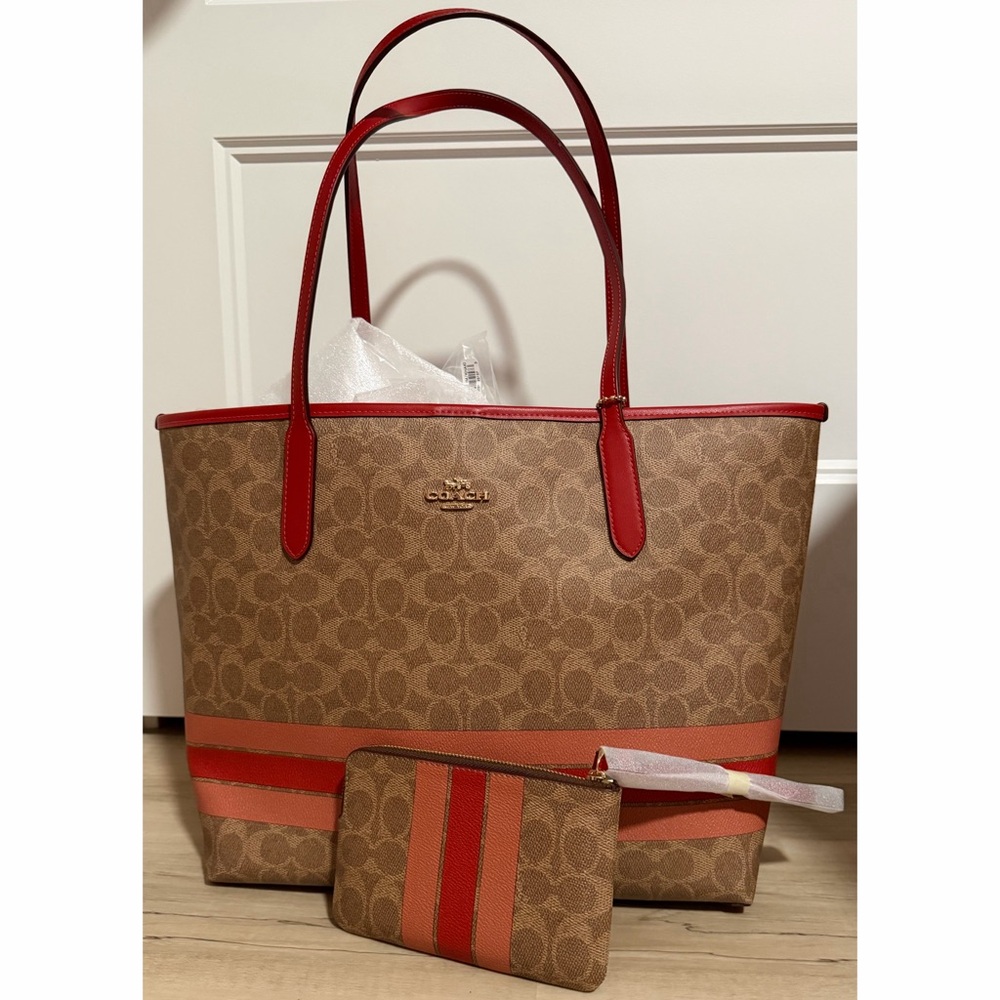 Coach City Tote Bag In Signature Canvas With Stripe PLUS Wallet NWT
